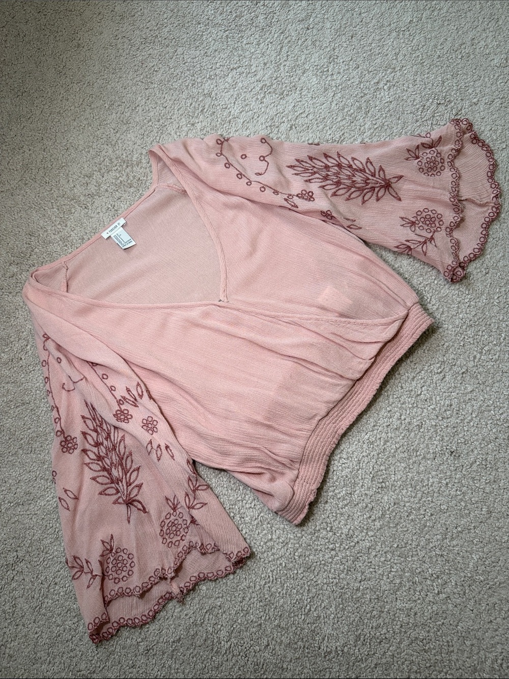 Forever 21 Blush Pink Embroidered Bell Sleeve Top